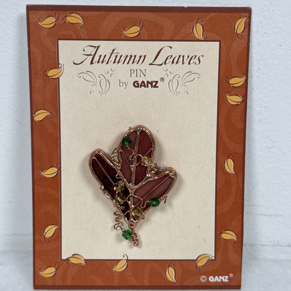 GANZ Stained Glass Style Brooch Red, Gold Maple Autumn Fall Leaf Pin